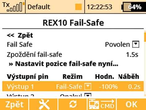 - Zpoždění fail-safe čas v sekundách, kolik musí uběhnout od momentu ztráty signálu, až po aktivaci funkce fail-safe. Tato volba je zobrazena pouze, když je fail-safe Povolen.