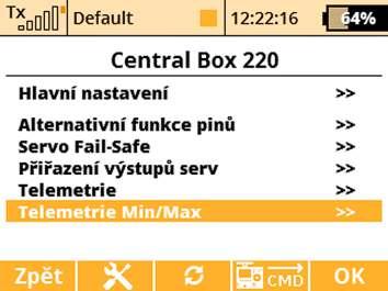 3. Přejděte do zobrazení minim a maxim. - Vysílač zobrazí dialog s otázkou, zda chcete provést příkaz resetování telemetrie.