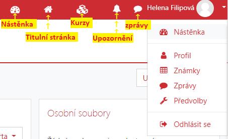 bloky lze přesouvat, skrýt, odstranit (tlačítko Upravit tuto stránku vpravo nahoře) Titulní stránka (domeček) aktuality, odkazy, vyhledávání Vyhledávání kurzů (tři kostičky) nabídne