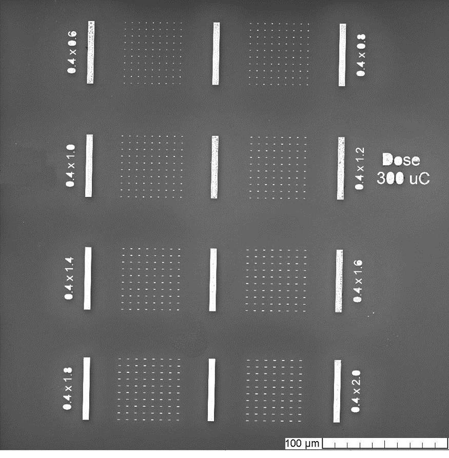 Obrázek 6.1: Plazmonické antény pøipravené elektronovou litograí s expozièní dávkou 300 µc/cm 2 ; zobrazeno pomocí SEM Aby vodíkové bublinky opou¹tìli leptaný povrch, tak byl roztok zahøát na 50 C.