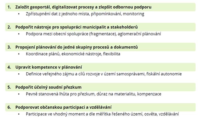 25 Pracovní závěry Analýzy, doporučení a legislativní návrh pro reformu stavebního zákona v oblasti územního plánování Klíčové oblasti návrhu reformy