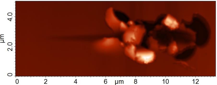 4.4 Adheze 4.4.1 Vyhodnocení vrypové zkoušky a mikroskopie atomárních sil Vrypová zkouška byla prováděna na vrstvách a tloušťce 0,1 µm pomocí SPM mikroskopu se speciální indentační hlavou za použití