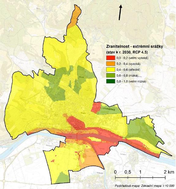 Obr.11: Zranitelnost vůči extrémním srážkám současný stav. Obr.