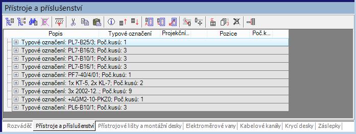 2 Práce se seznamem vybraných přístrojů a příslušenství Seznam vybraných přístrojů může být zobrazen ve dvou režimech: Stručné zobrazení - každý typ přístroje má jeden řádek, je zobrazen celkový