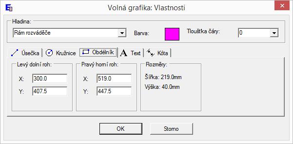 Vybrán obdélník: Vybrána kružnice: Vybrán text: Vybrána kóta: Změna kótovacího textu - lze zadat libovolný text (např. písmeno).