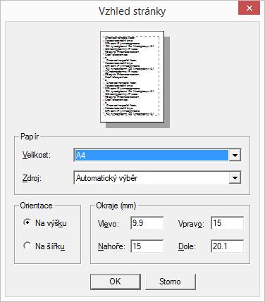 27. Tisk projektu na tiskárnu 27.1 Nastavení vzhledu stránky 1. Použijte funkci Vzhled stránky z roletového menu Soubor. 2. V následně otevřeném dialogovém panelu nastavte formát papíru, orientaci papíru a velikosti okrajů.