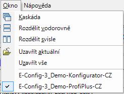 Funkce pro uspořádání jednotlivých oken s projekty na základní obrazovce se nacházejí v roletovém menu Okno: Uzavření okna s aktuálně editovaným projektem (obdobně jako po kliknutí na křížek v pravém