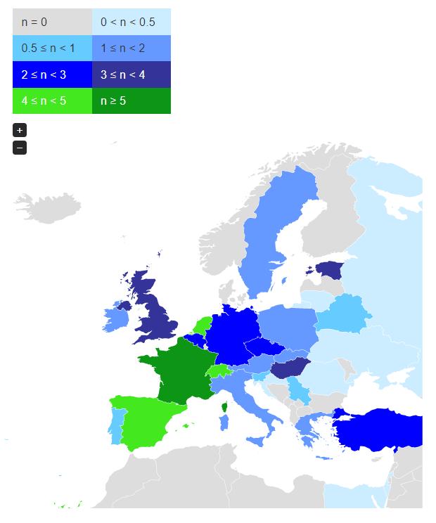 Obrázek 2 Obr. 2: Srovnání prevalence PID v jednotlivych členských zemích ESID, převzato z (n- počet případů na 100 000 obyvatel).