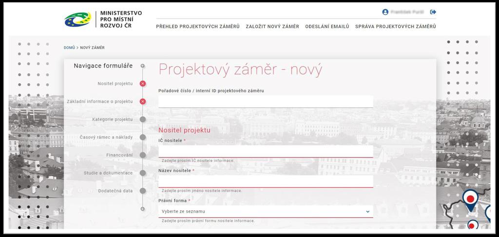 ISPZ - založení projektového záměru o Výběr hodnot ze seznamu u většiny položek