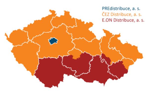 2.5 Měření elektrické energie Na území České republiky působí tři provozovatelé regionálních distribučních soustav: a) PREdistribuce, a. s. b) E.ON Distribuce a. s. c) ČEZ Distribuce, a. s. Obr.