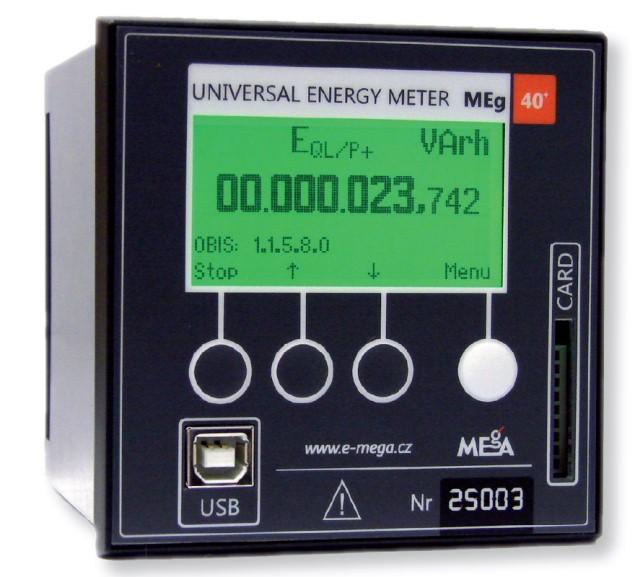Obr. 9 Univerzální měřicí přístroj MEg40 + Přístroj MEg40 + provádí současně funkce elektroměru a funkce monitoru. Ve funkci elektroměru má pro každou fázi šestici registrů energií.