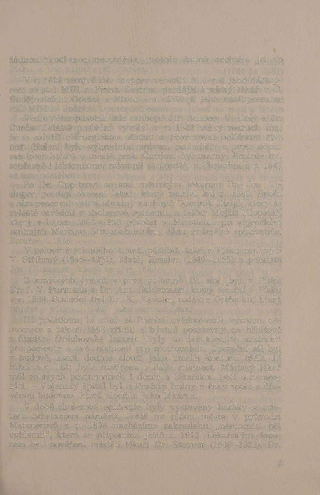 4 žádnou zkoušenou neopatřila, protože žádná nechtěla jít do Písku, a tak zůstalo při starém. V r. 1823 zemřel Dr. Stopper ve stáří 81 let a jeho nástupcem se stal MUDr. Frant.