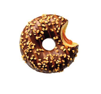 TOP DONUTY PŘEHLEDNĚ Donuty z prémiových surovin CARAMAZING DONUT PREMIUM S KARAMELOVOU NÁPLNÍ Poleva s proužky z mléčné čokolády, náplň - slaný karamel a