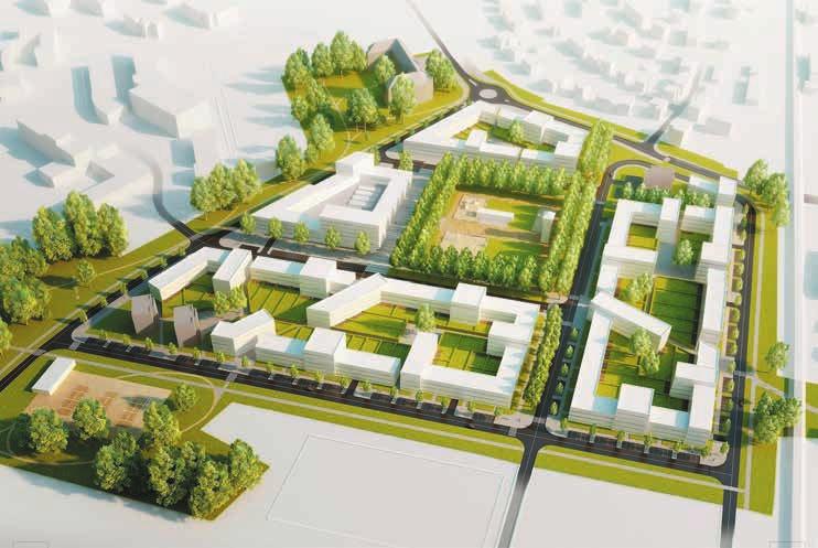 Za bytovými domy, které obklopují nové centrum, jsou v jižním a východním směru situovány řadové rodinné domy. Od přilehlého areálu nemocnice novou městskou čtvrť oddělí park.