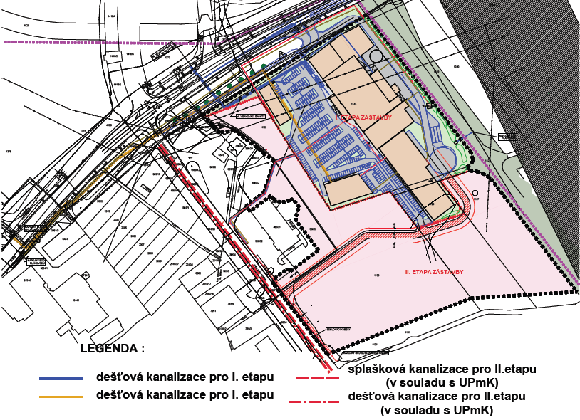 12 Odkanalizování dle územní studie 5.2.3 DEŠŤOVÁ KANALIZACE Dešťová kanalizace v navržené lokalitě bude vedena v komunikacích a parkovištích.