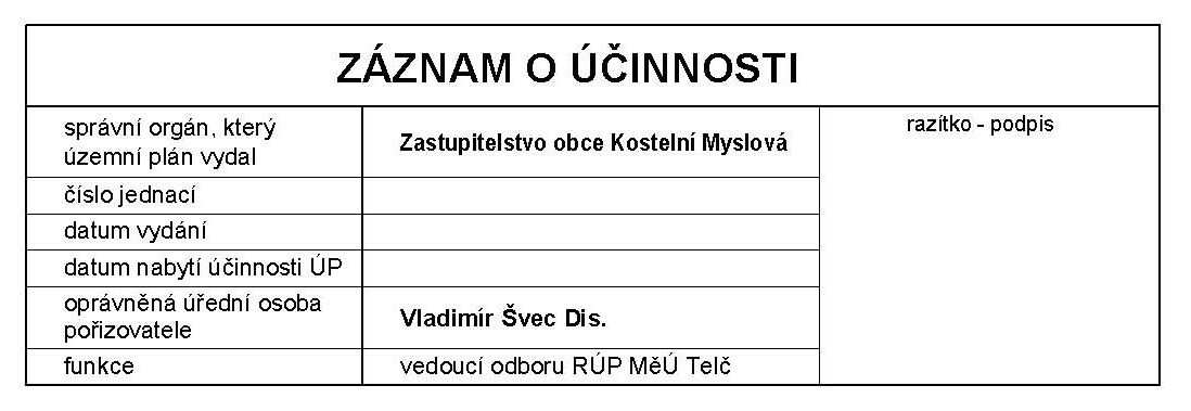 POŘIZOVATEL ZPRACOVATEL OBECNÍ ÚŘAD KOSTELNÍ MYSLOVÁ, KRAJ VYSOČINA H-PROJEKT AKCE SVATOJÁNSKÁ 604, 588 56 TELČ ÚZEMNÍ PLÁN OBCE KOSTELNÍ