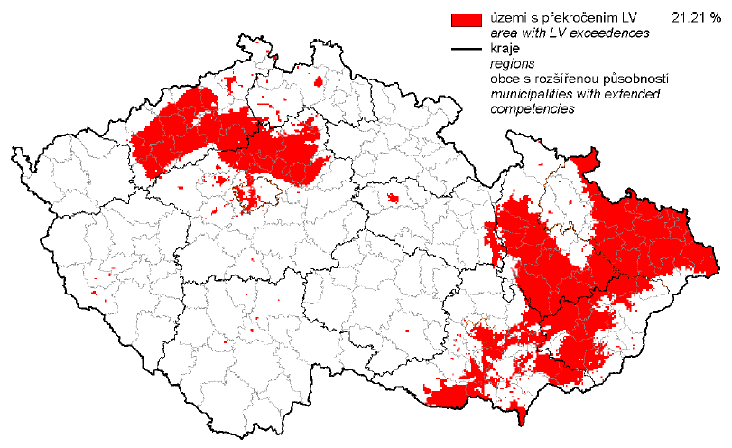 Obr. 26: Překročení cílových imisních limitů na území České republiky v roce 2010 (Zdroj: Věštník MŽP, 2/2012) Hodnocení kvality ovzduší na území České republiky provádí Česky hydrometeorologický