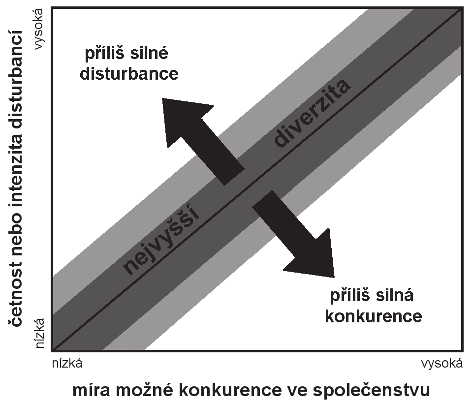 2.6 / Míra diverzity společenstva v závislosti na intenzitě disturbancí a konkurenci.