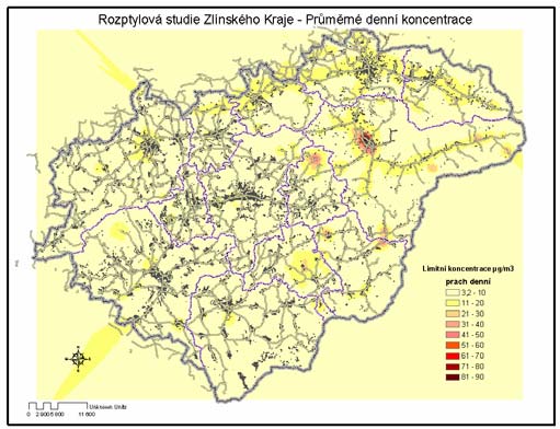 Obrázek 10: Modelové hodnocení kvality ovzduší Zlínského kraje, 2001, prachové