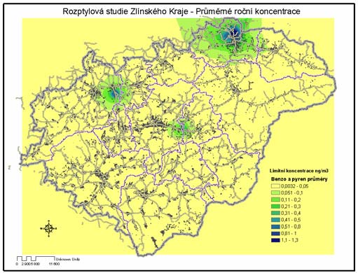 Bucek Obrázek 11: Modelové hodnocení kvality ovzduší, Zlínský kraj, 2001, B(a)P,