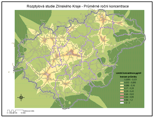 Obrázek 12: Modelové hodnocení kvality ovzduší, Zlínský kraj, 2001, benzen