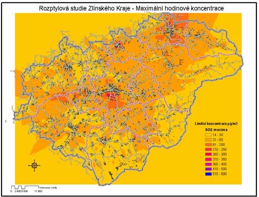 Obrázek 14: Modelové hodnocení kvality ovzduší, Zlínský kraj, 2001,