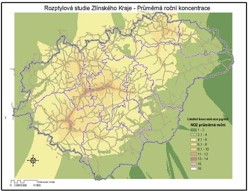 Mgr. Bucek Obrázek 15: Průměrné roční koncentrace NO 2, Zlínský kraj,