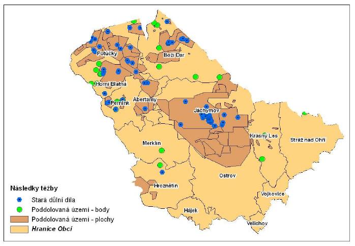 Vyhodnocení stavu a vývoje Těžba Těžba se projevuje výrazně, ať už se jedná o ukončenou těžbu rud (Jáchymov), nebo probíhající těžbu čediče (Stráž nad Ohří), popř. kaolinu (Hroznětín).