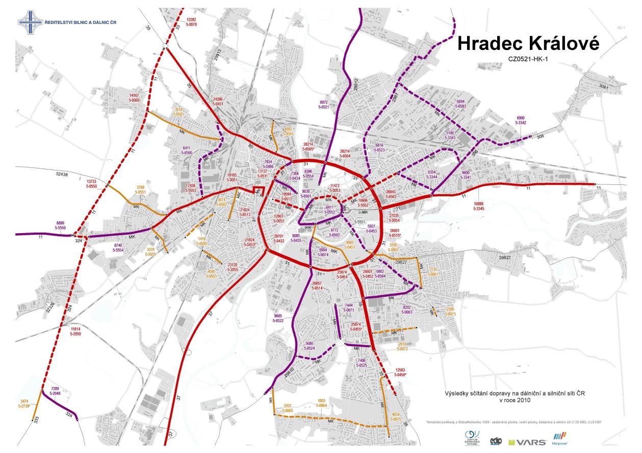 Obr. 9 Mapa dopravních intenzit 2010 město Hradec Králové Pramen: Celostátní sčítání dopravy 2010 http://scitani2010.rsd.cz/pages/results/default.