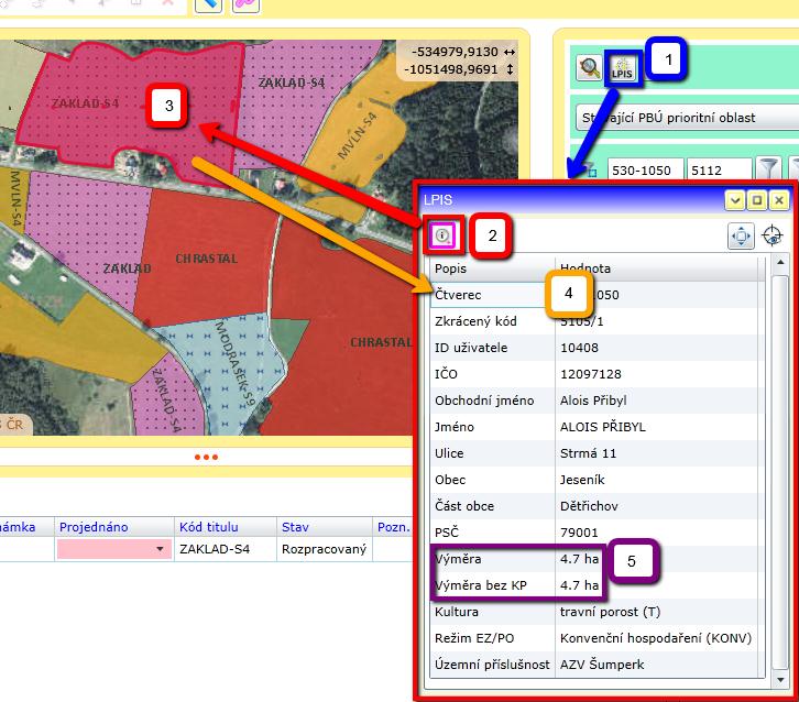 půdní blok (3), do dialogového okna se načtou informace o návrzích na půdním bloku včetně rozlohy (4).