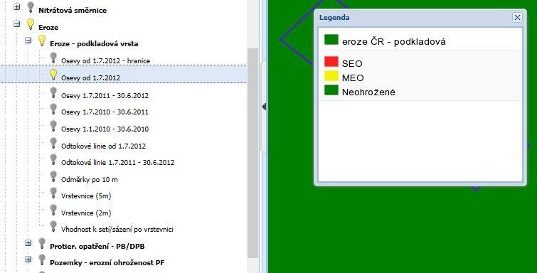Rozsvítíte žárovku u odkazu Eroze, následně Eroze - podkladová vrstva a dále Osevy od 1.7.2012. Po rozkliknutí nápisu Osevy od 1.12.2012 se rozbalí vysvětlující legenda.