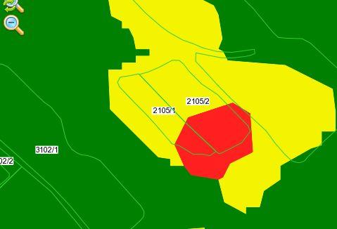 Jako výsledek výše uvedeného postupu se zobrazí v mapě u půdního bloku červená plocha (oblast), která značí území evidované jako silně erozně ohrožené (SEO) a