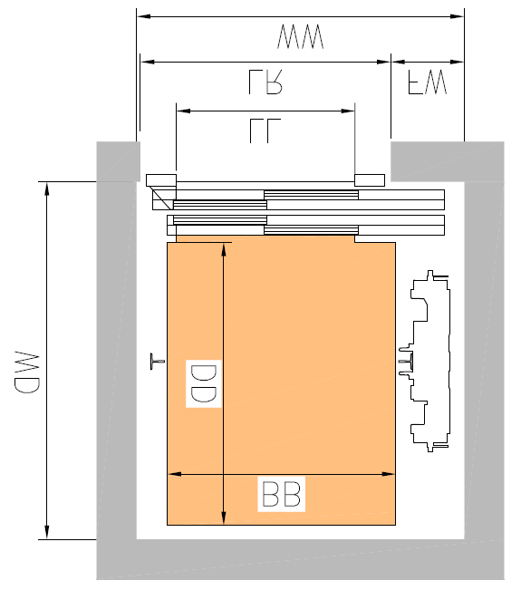 5. Vodorovný řez šachtou - osobní výtah KONE MonoSpace 500 (bez strojovny) - jednostranně posuvné dveře Platí pro nosnosti od 240 kg do 1150 kg - rychlosti 1 m/s (max. zdvih 55 m), 1.6 m/s a 1.