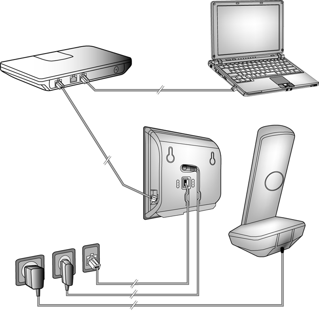 Přehled připojení 5 6 5 3 1 4 2 1 2 3 4 5 6 Příprava sluchátka: vložte baterie Nabíječku připojte k napájecí síti a nabijte baterie Telefonní kabel a elektrický kabel připojte k základně Základnu