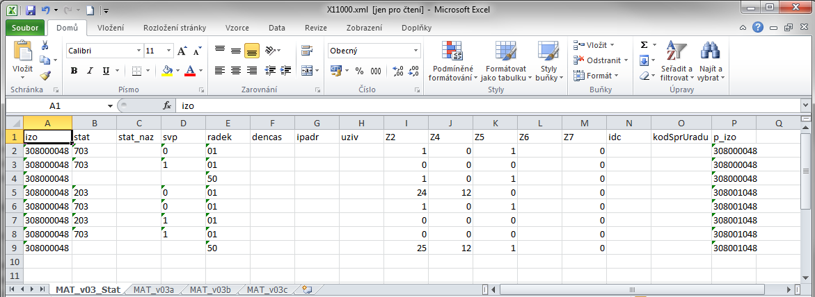 19 Soubor se otevře v Excelu, kde na jednotlivých listech jsou data za jednotlivé oddíly výkazů (u základních škol za oddíly dílčích