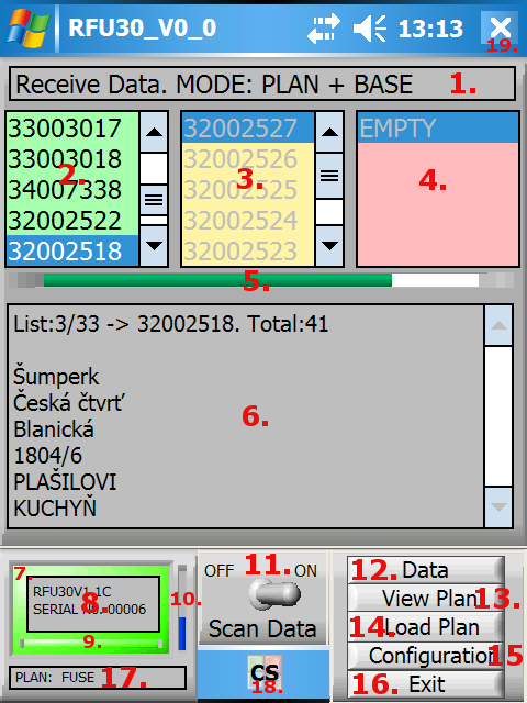 Návod k použití přijímací jednotka RFU30 Popis rozhraní Ilustrace 4: Popis rozhraní 1. Informační řádek informující o stavu přijímací jednotky a režimu příjmu dat 1.
