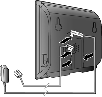 Připojení základny 3 Připojení telefonního a elektrického kabelu k základně A Telefonní kabel (zploštěný) zapojte do dolní zdířky na zadní straně základny.