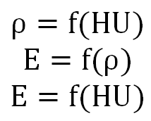 E [MPa] zdánlivou hustotou ρ, modulem pružnosti E a Hounsfieldovými jednotkami HU (2), (3), příp. (4), díky kterým je možné získanou matici HU převést na matici modulů pružnosti kostní tkáně (Obr. 6.