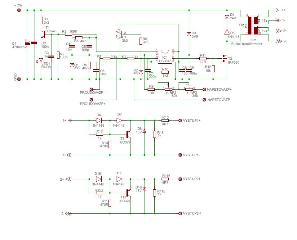 v mechanické konstrukci zdroje). Ke zjištění proudového režimu, popřípadě zkratu slouží LED dioda LED1, která se rozsvítí pouze tehdy, bude-li na výstupu 1 obvodu UC3845 napětí 6V proti kostře GND.