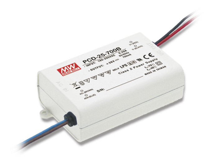 PCD-25-350 Napájecí proudový zdroj pro LED s funkcí stmívání, výkon 25 W Vlastnosti PCD-25-350 X: X může být nahrazeno: A pro střídavý proud 90 135 VAC. B pro střídavý proud 180 295 VAC.