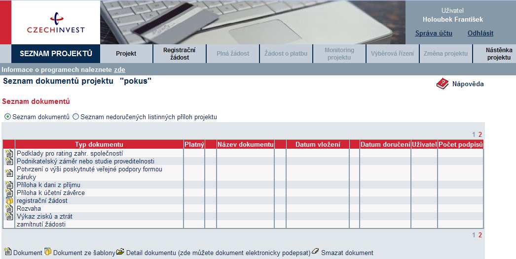 Registrační žádost obsahuje 5 záložek, které je nutné vyplnit: Základní údaje Základní údaje o žadateli Základní údaje o projektu Adresa místa realizace Prohlášení žadatele Požadované přílohy RŽ: