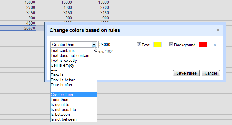 4.2.3 Jak použít Change colors with rules. Buňky mohou měnit své vlastnosti podle různých pravidel. Označte oblast výsledků C10-E10. Zvolte Format/Change colors with rules a nastavte dle Obrázku 54.