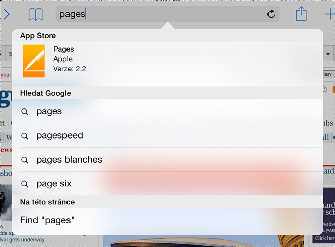 Hledání na webu Hledání ve Spotlightu s výsledky z App Storu Zadejte hledaný text a poté klepněte na Otevřít Můžete také klepnout na návrh Klepněte, pokud chcete hledat na aktuální stránce.