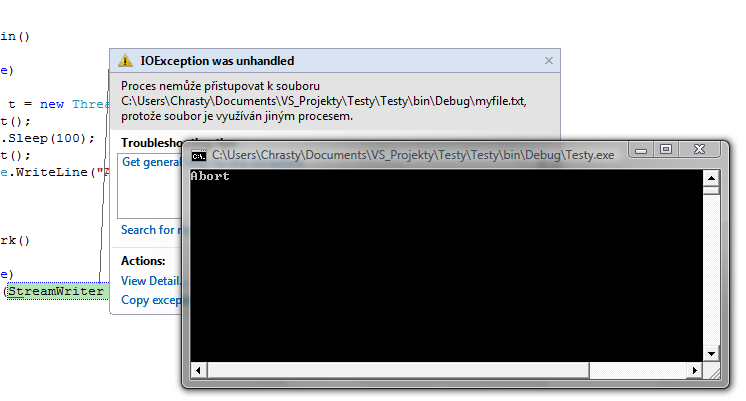 class Program while (true) Thread t = new Thread(Work); t.start(); Thread.Sleep(100); t.abort(); Console.WriteLine("Abort"); static void Work() while (true) using (StreamWriter w = File.