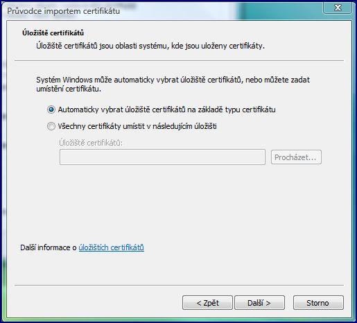 Na druhé obrazovce ponechte nastavenou položku Automaticky vybrat úložiště certifikátů.