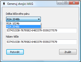 nastavit velikost klíče 1024) a klikněte na tlačítko Potvrdit: Do operace generování klíčů