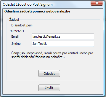Pokud uživatel zvolí odeslání, bude vyzván k zadání jména a emailu. Tyto informace jsou nepovinné, ale mohou pomocí při vyhledání žádosti na pobočce České pošty se službou Czech POINT.