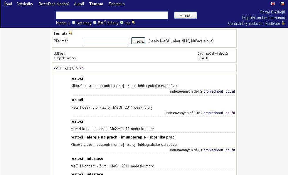 Výsledky hledání předmětu Kliknutím na název hesla/deskriptoru si zobrazíme podrobnější informace.