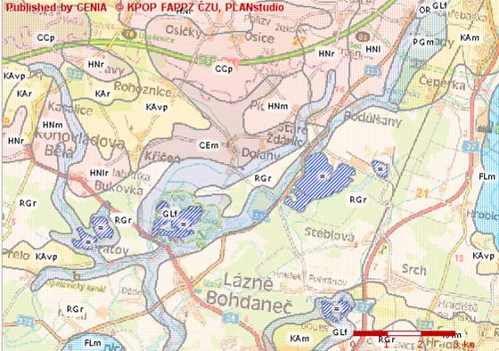 6. Mapa půdních typů TKSP Legenda: RGr - Regozem arenická (TKSP) = Haplic Arenosol (WRB 2006) GLf Glej fluvický (TKSP) = Fluvic Gleysol (WRB 2006)