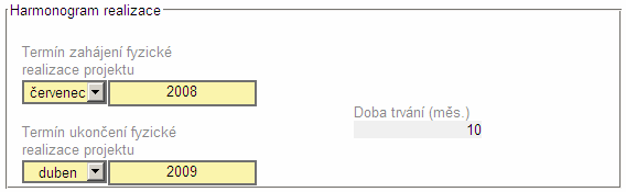 Záložka Harmonogram realizace Zvolíme měsíc a vyplníme rok zahájení a stejně tak ukončení.